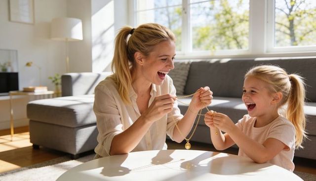 Mother and daughter laughing while admiring gold pendant necklace in sunlit living room