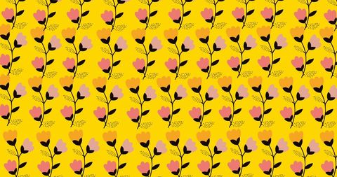 A cheerful and vibrant floral pattern featuring stylized flowers in shades of pink, purple, and black against a warm yellow backdrop. Ideal for spring-themed projects, textile designs, and digital backgrounds. Perfect for adding lightness and color to branding materials, greeting cards, and website graphics.