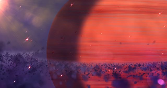 A giant gas planet with prominent rings floats majestically in a vivid cosmic nebula. Stars and cosmic dust surround the planet, highlighting the beauty and mystery of the universe. Ideal for use in sci-fi publications, educational content about space, and fantasy-themed projects.
