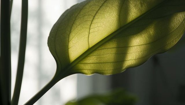 Backlit translucent leaf showing detailed venation and midrib close-up with shadow