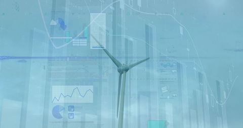 Wind turbine with financial charts over peaceful coastal scene