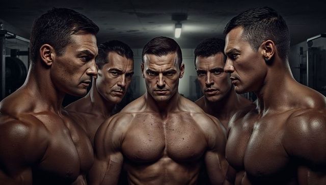 Five muscular men posing in dramatic gym lighting for bodybuilding team portrait