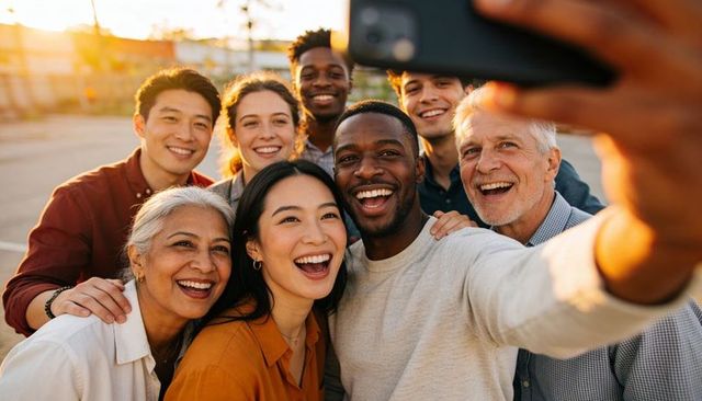 Multigenerational diverse friends taking joyful golden hour selfie in urban plaza parking