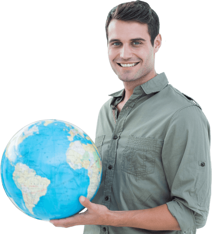 Smiling Man Holding Globe on Transparent Background