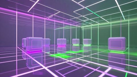 Futuristic Neon Lit Room with Floating Translucent Cube Art