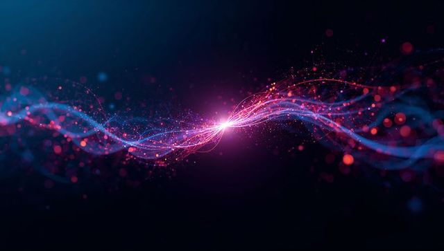 Neon Energy Stream Connecting Pink and Blue Filaments in Dark Digital Void, Glowing Particles