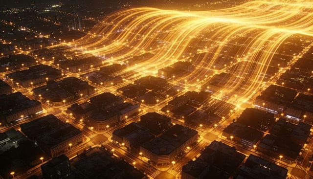 Arcing golden light trails flowing across urban grid night aerial futuristic cityscape