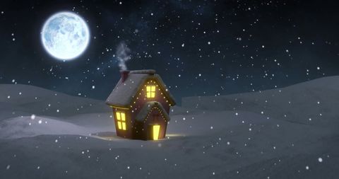 Cozy Winter Cabin Lit Under Full Moon in Snowy Night