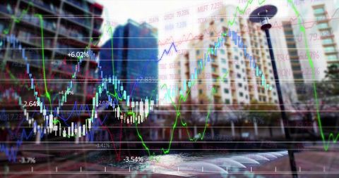 Financial charts overlay on urban skyline illustrating market dynamics