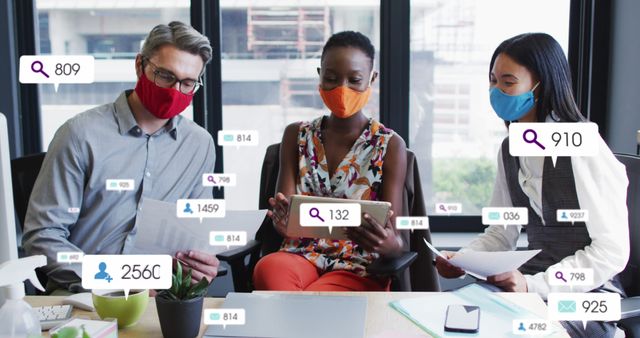 Business Team Analyzing Data with Social Media Metrics and Face Masks - Download Free Stock Images Pikwizard.com