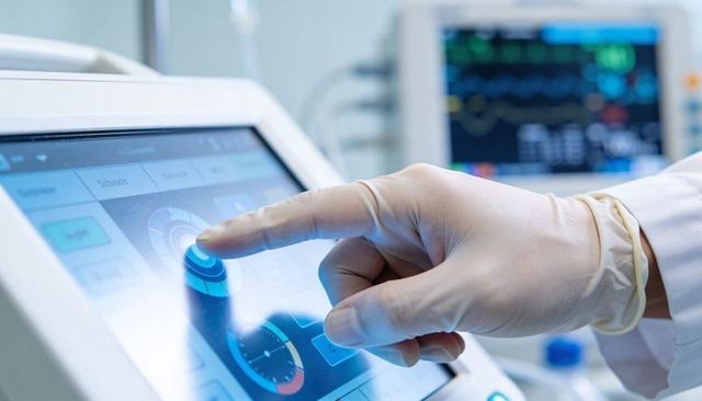 Clinician adjusting hospital touchscreen monitor with gloved hand and visible ecg traces