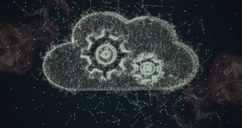Glowing cloud icon with gears representing digital network