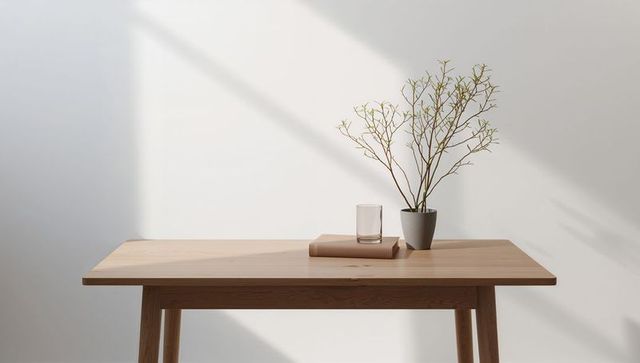 Minimal wooden table with potted branch, glass and book in soft natural sunlight, scandinavian inter