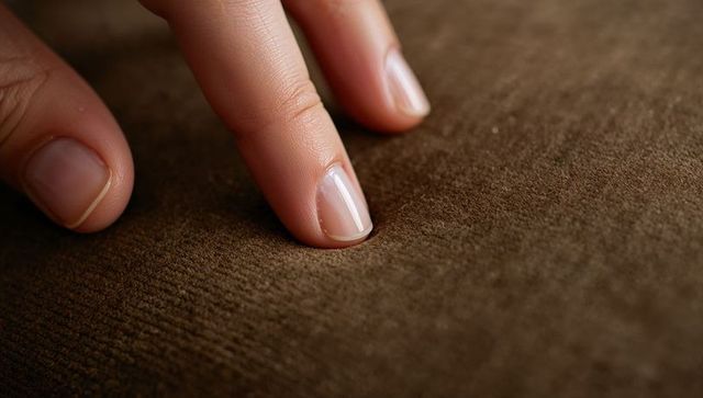 Pressing fingertips into brown velvet sofa cushion showing tactile fabric indentation