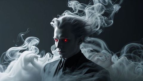 Mysterious white-haired lucifer figure in smoke with red eyes