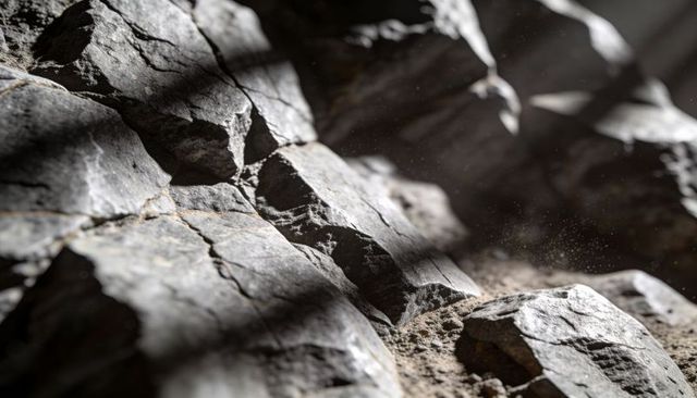 Sunlit fractured bedrock slab with fissures, drifting dust and rugged canyon texture, macro