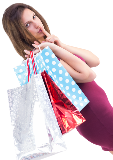 Transparent Woman Hushes While Holding Shopping Bags with Secrets - Download Free Stock Videos Pikwizard.com