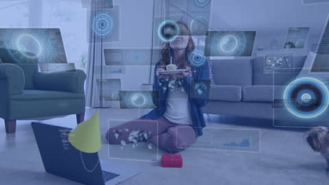 Woman Celebrating Virtual Birthday with Data Interface Elements