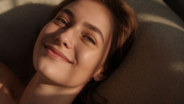 Sunlit relaxed woman reclining on sofa smiling softly with natural skin and shadow play
