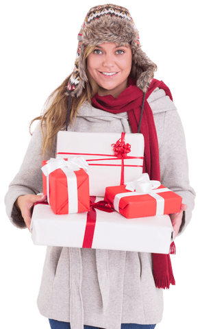 Smiling Woman in Winter Clothes with Gift Boxes on Transparent Background