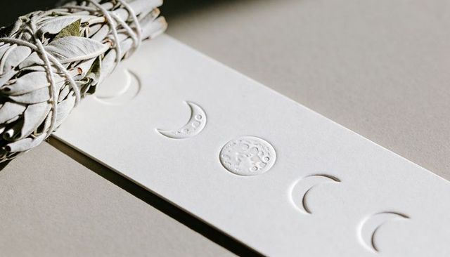 Embossed moon phases card with sage bundle minimal neutral lunar stationery for wellness
