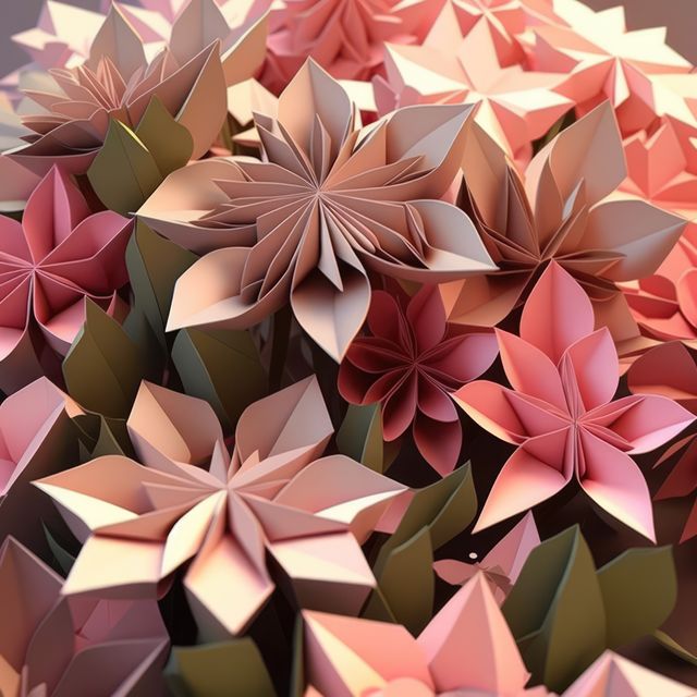 Image of pink origami paper flowers on gray background, created using generative ai technology. Origami, art, nature and flowers, digitally generated image.