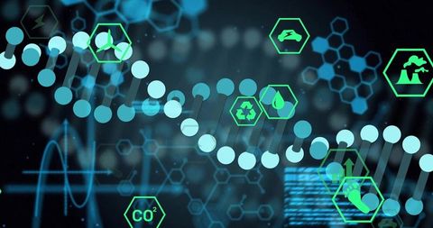 Futuristic DNA Helix Data Visualization with Sustainability and Energy Icons
