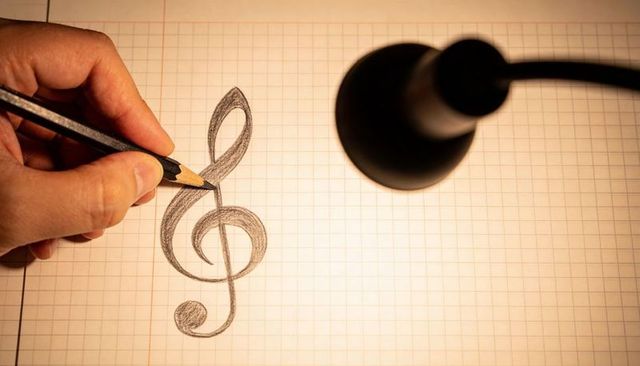 Hand sketching shaded treble clef on graph paper under desk lamp for music practice concept