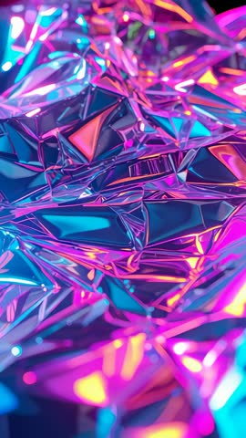 Crumpled Metallic Foil Reflecting Neon Colors Macro Vertical Video Futuristic Abstract Texture