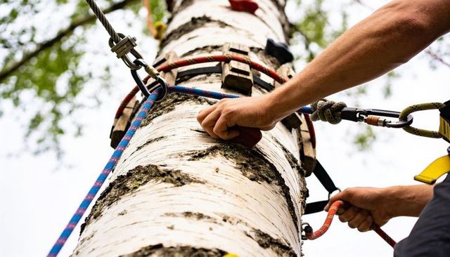 Arborist climbing birch trunk using ropes, carabiners and safety harness