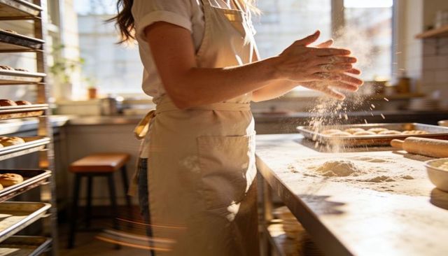 Sunlit Artisan Baker Sprinkling Flour on Counter, Kneading Dough in Rustic Bakery Workspace