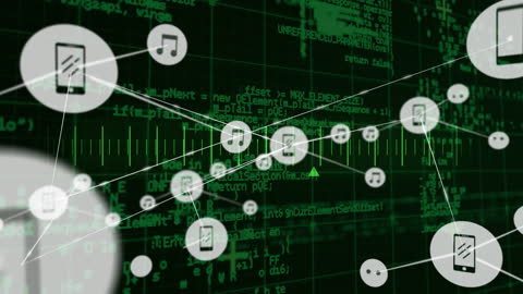 Digital Network with Floating Icons and Data Background