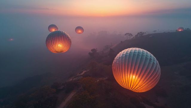 Floating glowing lantern orbs over misty hills at sunrise, ethereal dawn landscape