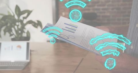 Business professional reading report with holographic wi-fi symbols and ar data overlay