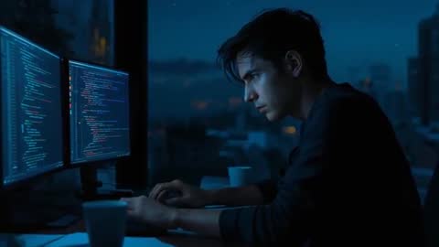 Working late coding on dual monitors with city skyline at night