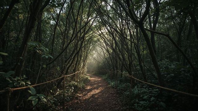 Tranquil forest pathway with sunlit foliage canopy