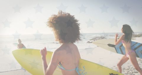 Friends Surfing at Beach with Waving American Flag Overlay - Download Free Stock Images Pikwizard.com