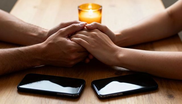 Couple holding hands over wooden table with candlelight and smartphones, intimate moment