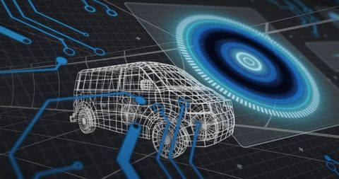 Futuristic wireframe van with circuit in digital display sphere