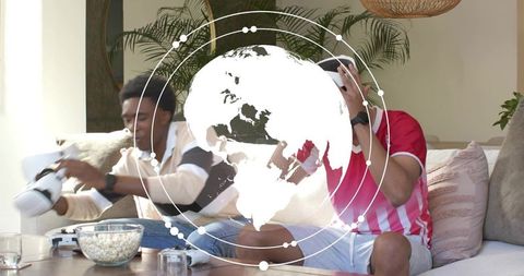 Testing vr headsets on living room sofa, friends enjoying immersive home gaming experience