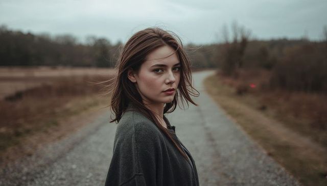 Woman standing on gravel road glancing over shoulder windswept hair moody countryside