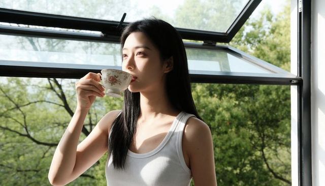 Sipping tea beside open casement window, sunlit woman wearing white tank, serene morning