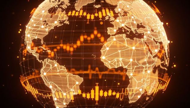 Holographic amber globe visualizing global data network with candlestick charts and nodes