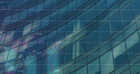 glass facade of a modern building reflecting financial data over abstract grid. graphs and charts suggest growth and economic dynamics. ideal for using in finance-related visuals, corporate presentations, or illustrating market reports with a focus on modern economic trends.
