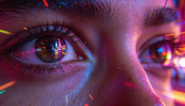 Close-Up Eyes Reflecting Neon City Lights, Futuristic Urban Night Portrait