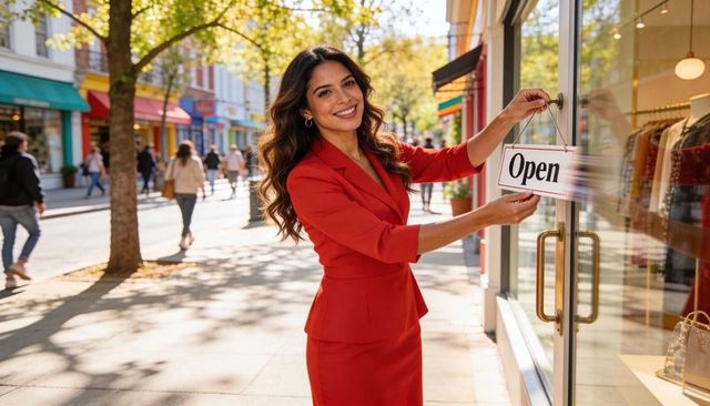 Smiling boutique owner placing open sign on storefront door in sunlit shopping street