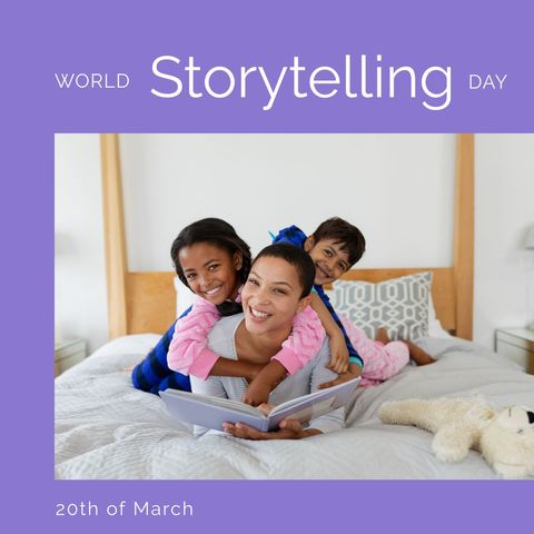 Mother reading a bedtime story to diverse children happily embracing each other on large bed. Perfect for emphasizing family bonding, the joy of storytelling, cultural celebrations, and promoting literacy among children. Ideal for campaigns or promotions related to World Storytelling Day, family events, and publishing for children's literature.