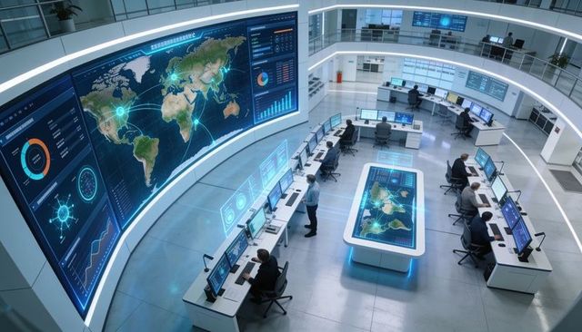 Global operations control center with curved led wall, interactive touch table, real-time analytics