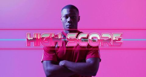 Retro Neon High Score Arcade Portrait of Confident Male Athlete in Magenta Cyan Gradient