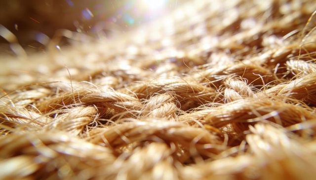 Macro braided jute rope glowing under warm sunlight with loose fibrous detail texture